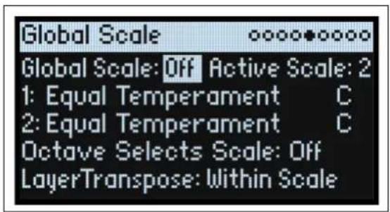 Global Scale Global Scale: Off Active Scale: 2 1: Equal Temperament C 2: Equal Temperament C Octave Selects Scale: Off LayerTranspose: Within Scale