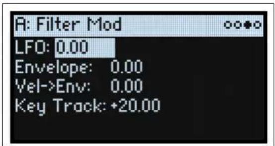 A: Filter Mod LFO: 0.00 Envelope: 0.00 Vel->Env: 0.00 Key Track: +20.00