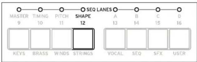 MASTER 9 TIMING 10 PITCH 11 SHAPE 12 SEQ LANES A 13 B 14 C 15 D 16 KEYS BRASS WINDS STRINGS VOCAL SEQ SFX USER