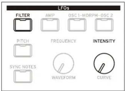 LFOs FILTER AMP OSC 1-MORPH-OSC 2 PITCH FREQUENCY(INTENSITY SYNC NOTES WAVEFORM CURVE