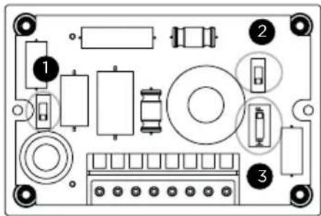 Diagram of an electronic device rear panel with labeled components including resistors, capacitors, and connectors