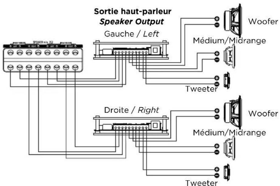 Sortie haut-parleur Speaker Output Gauche / Left Woofer Médium/Midrange Tweeter Droite / Right Woofer Médium/Midrange Tweeter