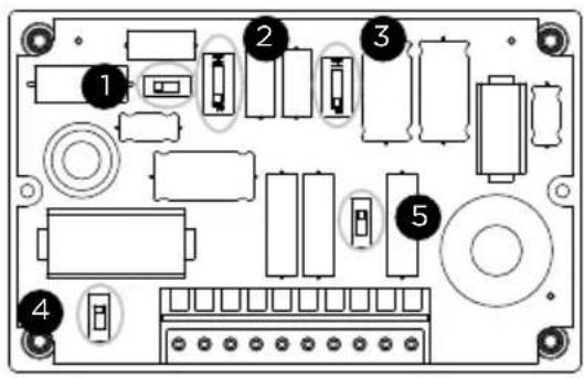 Diagram of an electronic device rear panel with labeled components including connectors, capacitors, and connectors numbered 1 to 5.