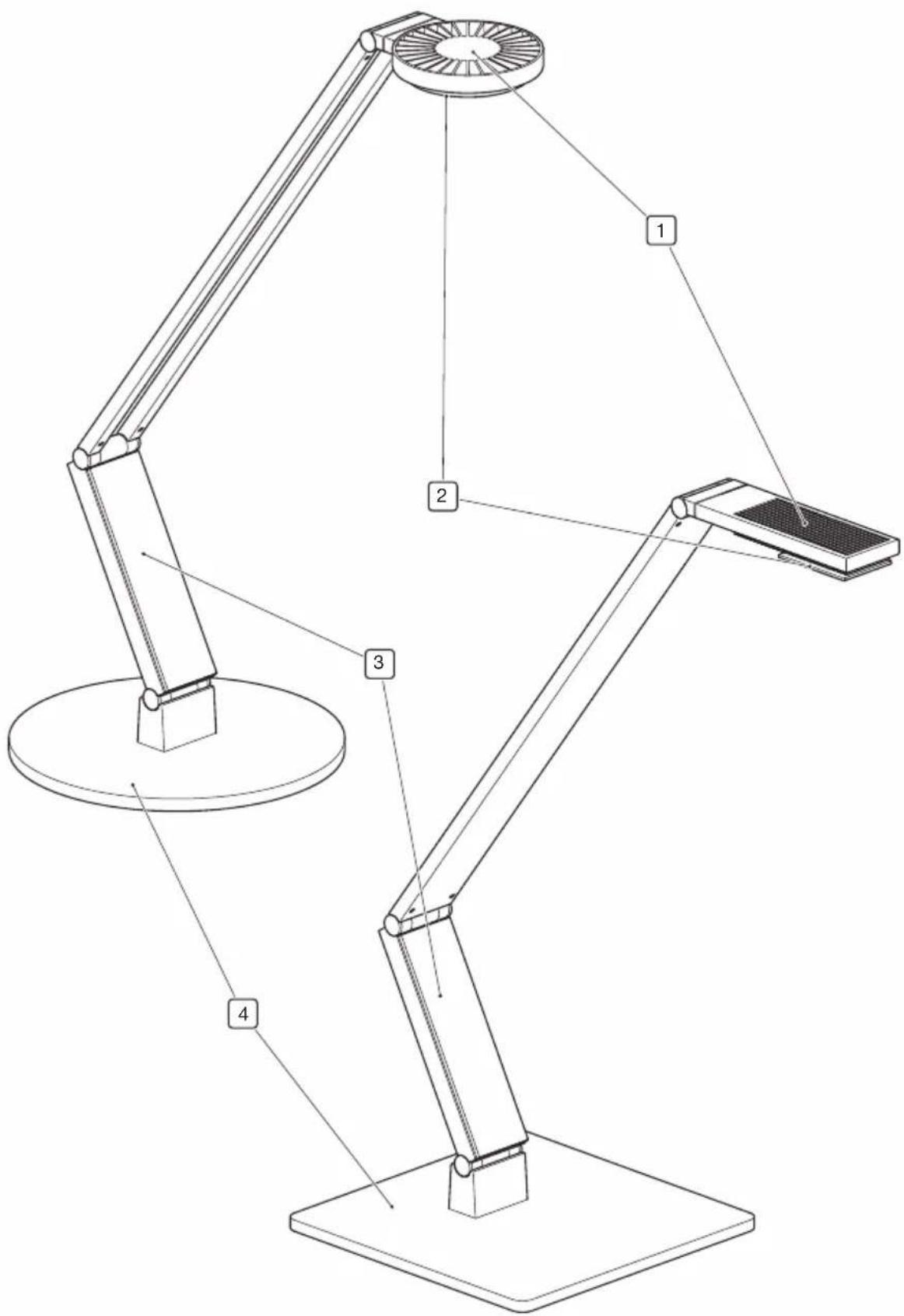 Technical diagram of a desk lamp with numbered components for identification