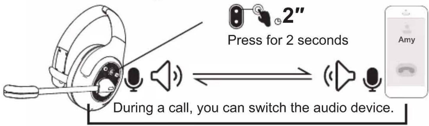 Press for 2 seconds During a call, you can switch the audio device.
