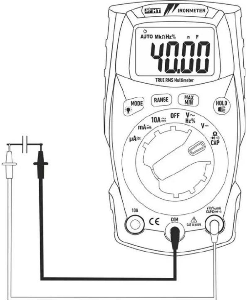 NIGHT IRONMETER AUTO MkΩ Hz% n F 40.00 TRUE RMS Multimeter MODE RANGE MAX MIN HOLD 10A ≈ OFF V~ Hz% mA ≈ V~ μA ≈ CAP 10A CE COM CAT 33 600V VHz%umA CAPΩ+/-