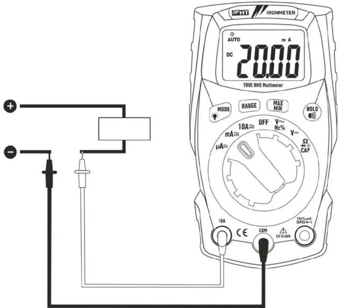 NFT IRONMETER AUTO DC 20.00 m A TRUE RMS Multimeter MODE RANGE MAX MIN HOLD 10A≈ OFF V~ Hz% V~ μA≈ Ω CAP 10A CE COM CAT III AINV 1Hz~10mA CAPΩ+/-