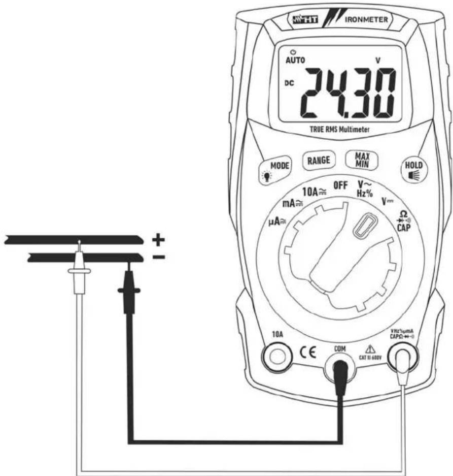 NEHT IRONMETER AUTO DC 24.30 V TRUE RMS Multimeter MODE RANGE MAX MIN HOLD 10A≈ OFF V~ Hz% V= μA≈ Ω CAP 10A CE COM CAT 11-680V VINr*μmA CAPQ←→