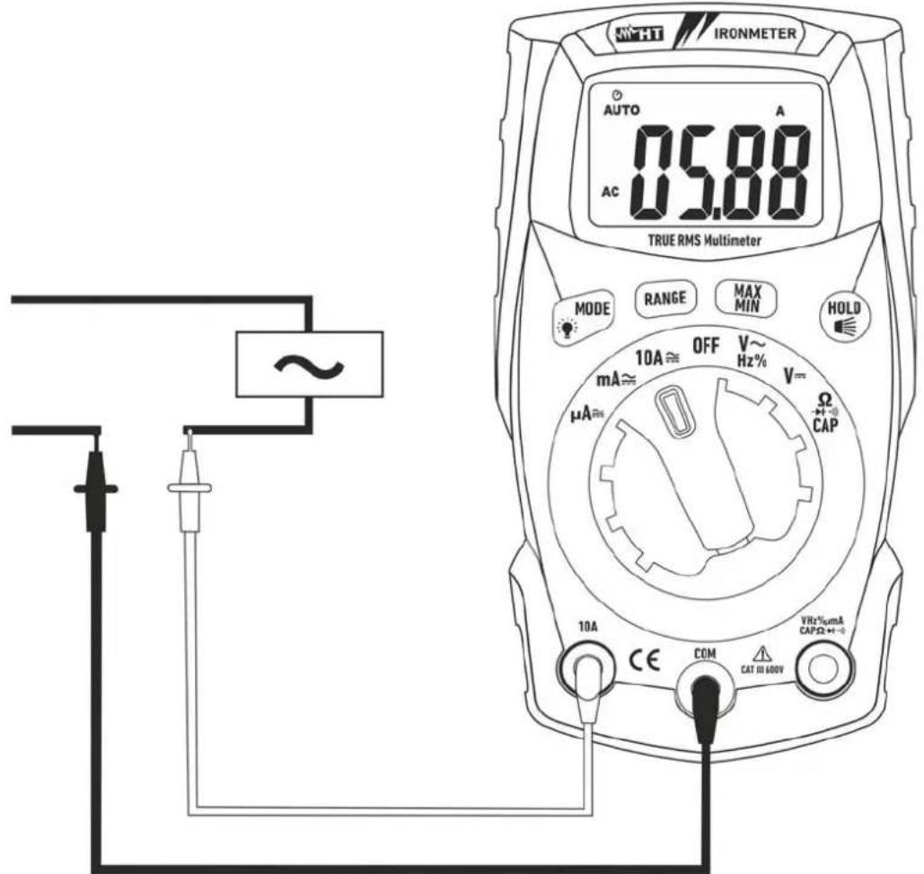 NHT IRONMETER AUTO A 05.88 AC TRUE RMS Multimeter MODE RANGE MAX MIN HOLD 10A ≈ OFF V~ Hz% V= μA≈ Ω CAP 10A CE COM CAT 10 600V VRHz%umA CAPΩ+