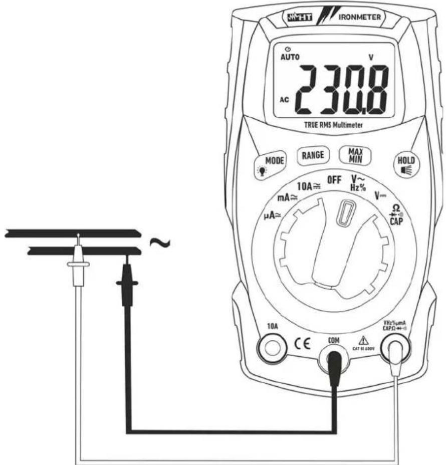 NHT IRONMETER AUTO V 2308 AC TRIBE RMS Multimeter MODE RANGE MAX MIN HOLD 10A≈ OFF V~ Hz% V~ μA≈ Ω CAP 10A CE COM CAT 61.420V VHz%umA CAPΩ→←→