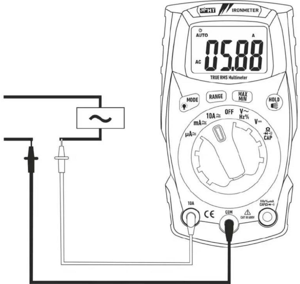 NHTT IRONMETER AUTO A 05.88 AC TRUE RMS Multimeter MODE RANGE MAX MIN HOLD mA≈ 10A ≈ OFF V~ Hz% V= μA≈ Ω CAP 10A CE COM VHz%umA CAPΩ++ CAT III 500V
