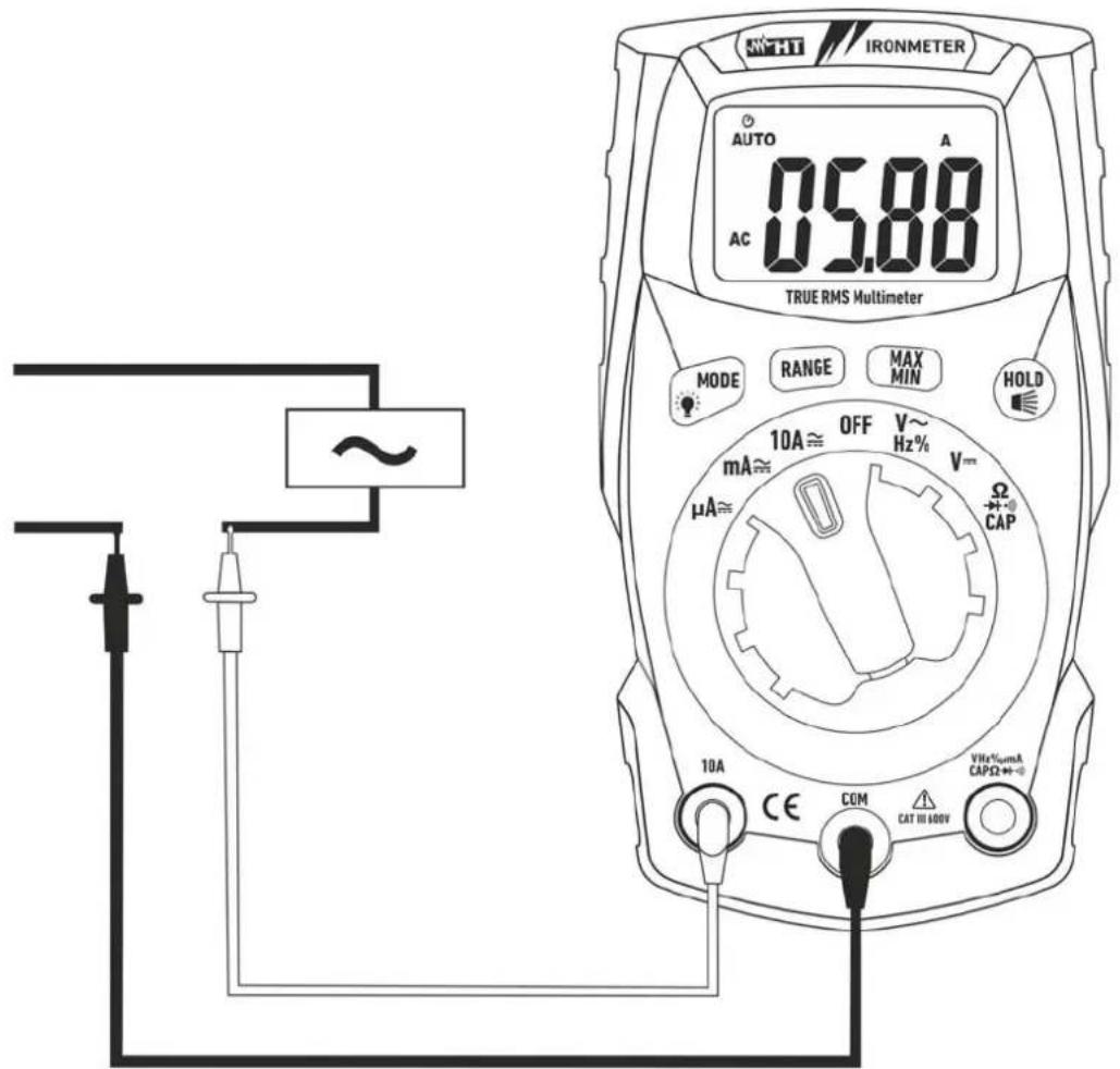 NHT IRONMETER AUTO A 05.88 AC 05.88 TRUE RMS Multimeter MODE RANGE MAX MIN HOLD 10A ≈ OFF V~ Hz% V= μA≈ Ω CAP 10A CE COM CAT III 600V VHz%umA CAPΩ+