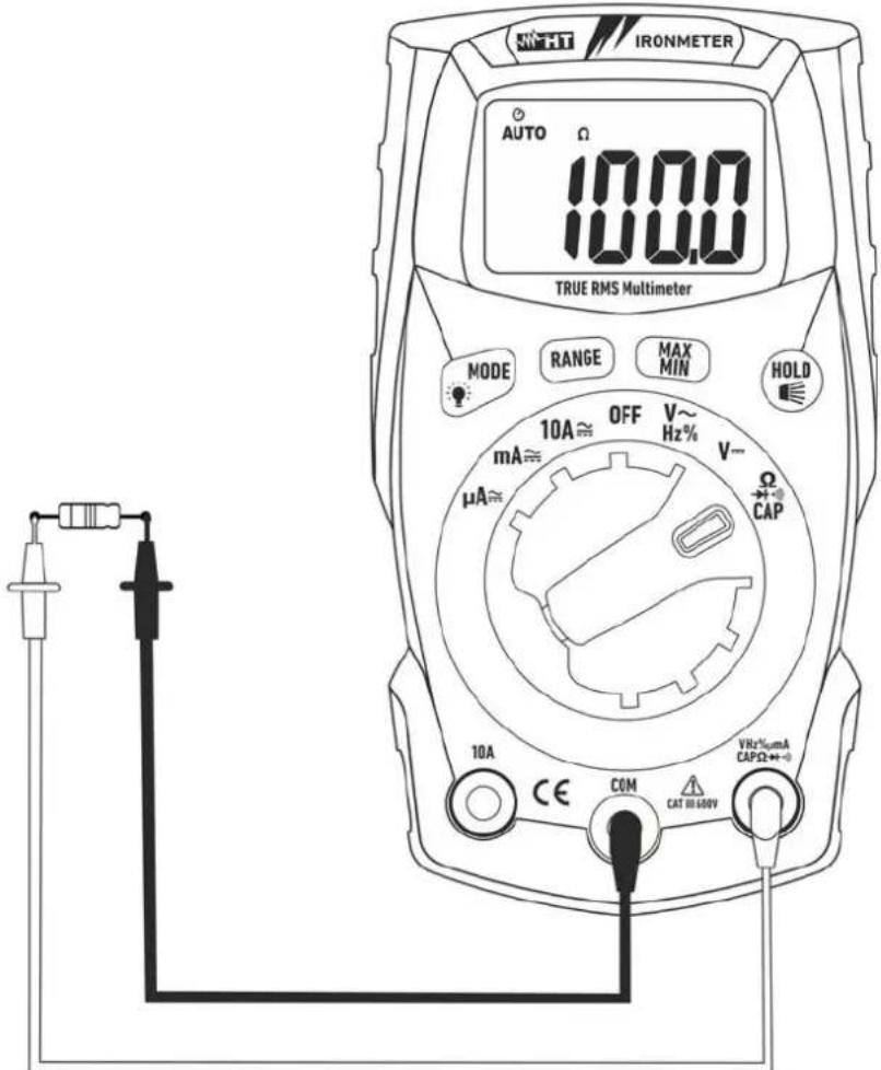 NHT IRONMETER AUTO Ω 100.0 100.0 TRUE RMS Multimeter MODE RANGE MAX MIN HOLD 10A ≈ OFF V~ mA ≈ Hz% V~ μA ≈ CAP 10A CE COM CVR2%mA CAPΩ+~ CAT 10kV/VW