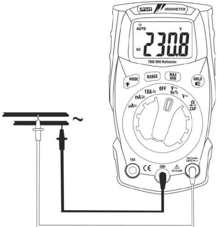 NNTT IRONMETER AUTO 230.8 V AC TRUE RMS Multimeter MODE RANGE MAX MIN HOLD 10A ≈ OFF V~ Hz% V= μA≈ Ω CAP 10A CE COM CAT 11 ADOV VHz%μmA CAPΩ→+ ~