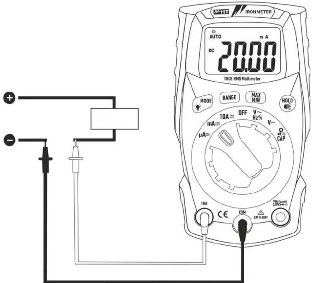 AIR TIT IRONMETER AUTO m A DC 20.00 TRUE RMS Multimeter MODE RANGE MAX MIN HOLD 10A ≈ OFF V~ Hz% μA ≈ V~ Ω CAP 10A CE COM CAT III 48WV VHz%und CAPΩ+~ CAT III 48WV