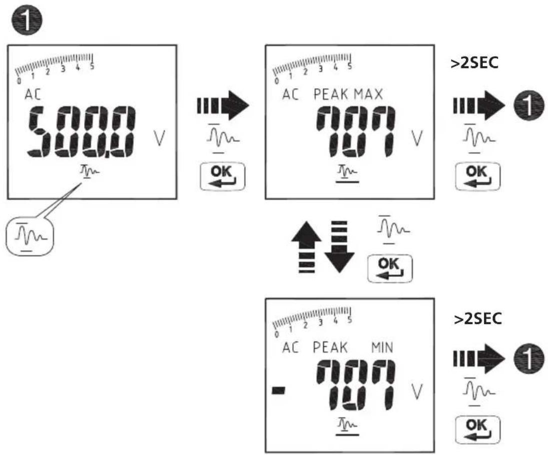 Megger DPM1000 - Fonction PEAK HOLD (Maintien de la valeur de crête) (mode CA uniquement) - 1