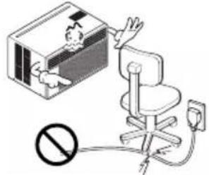 Illustration showing a person inside a computer with an open box and a prohibition symbol below, connected to an office chair.