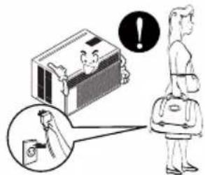 Illustration showing a person standing next to a box with an exclamation mark, alongside a magnified inset of a device and a hand pointing at it.