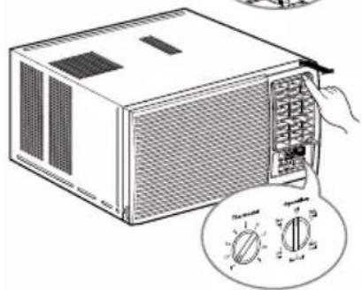 Diagram showing a microwave oven with a hand inserting a rotary switch to a dial, alongside its circular dial indicator.