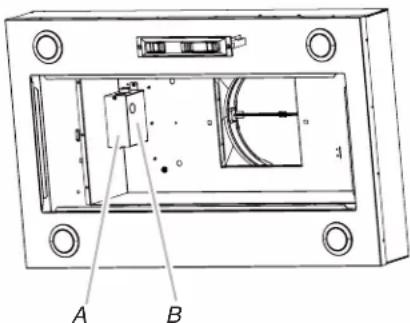 Technical diagram of a mechanical or electronic component with labeled parts A and B, showing internal components and alignment indicators.