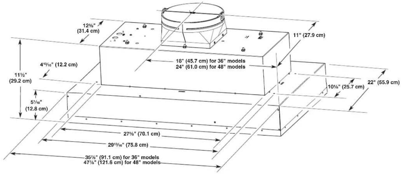 12½" (31.4 cm) 11" (27.9 cm) 4¹³/¹⁶" (12.2 cm) 18" (45.7 cm) for 36" models 24" (61.0 cm) for 48" models 10½" (25.7 cm) 22" (55.9 cm) 11½" (29.2 cm) 5½" (12.8 cm) 27½" (70.1 cm) 29½" (75.8 cm) 35½" (91.1 cm) for 36" models 47½" (121.6 cm) for 48" models