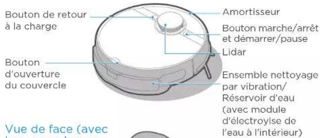 Bouton de retour à la charge Amortisseur Bouton marche/arrêt et démarrer/pause Lidar Bouton d'ouverture du couvercle Ensemble nettoyage par vibration/ Réservoir d'eau (avec module d'électroylse de l'eau à l'intérieur) Vue de face (avec le couvercle par