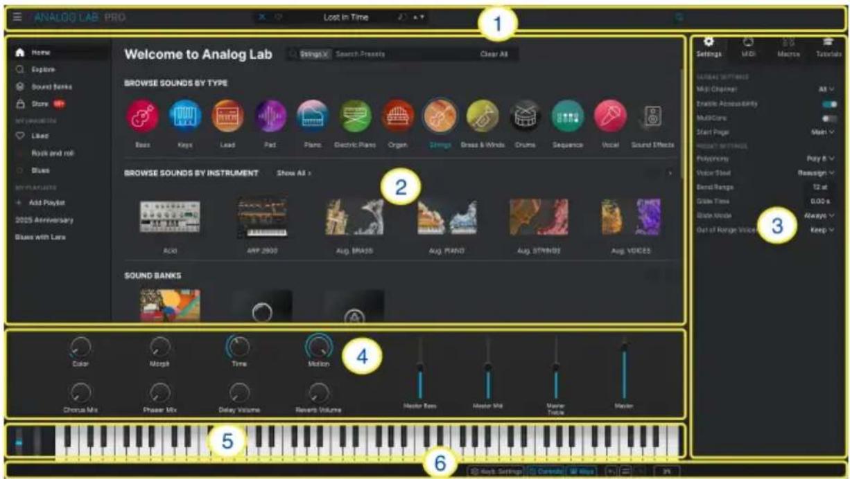 Arturia Analog Lab Pro - Vue Library : parties principales - 1