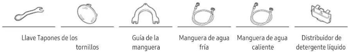 Llave Tapones de los tornillos Guía de la manguera Manguera de agua fría Manguera de agua caliente Distribuidor de detergente líquido