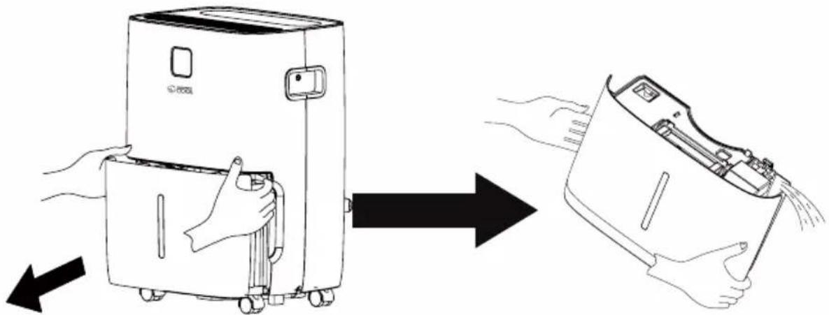 Diagram showing a device being opened into a container, with arrows indicating the process and a hand holding the container.