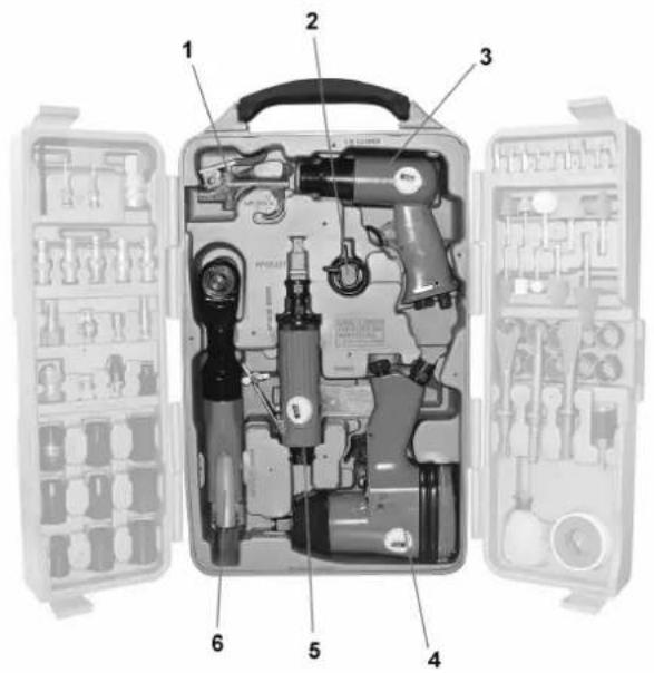 Exploded view diagram of a mechanical tool kit with numbered parts for identification