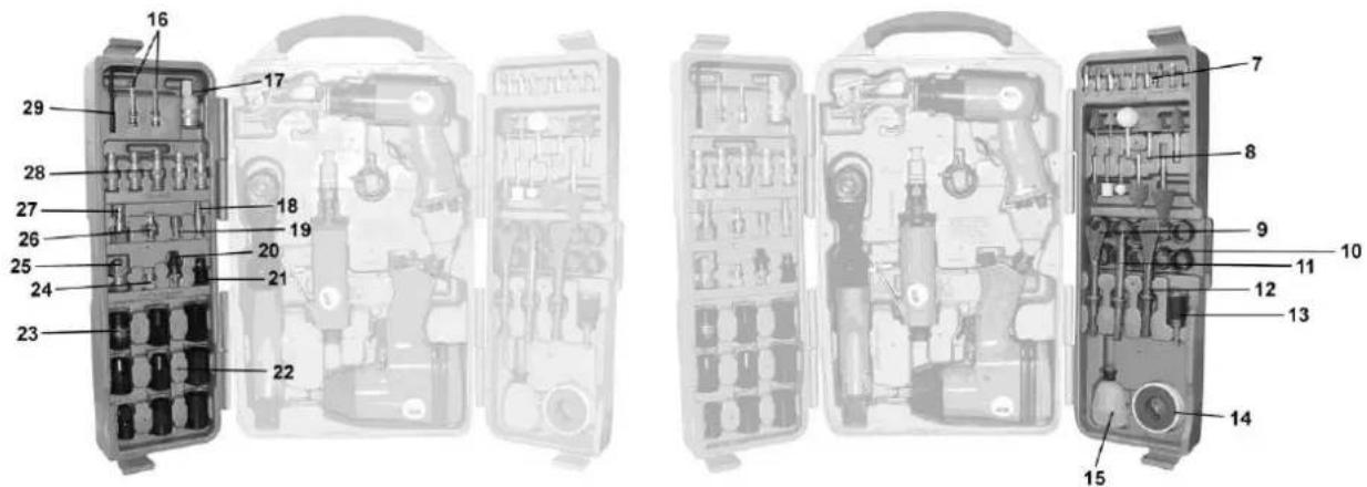 Exploded view diagram of a multi-case medical tool kit with numbered components for identification.