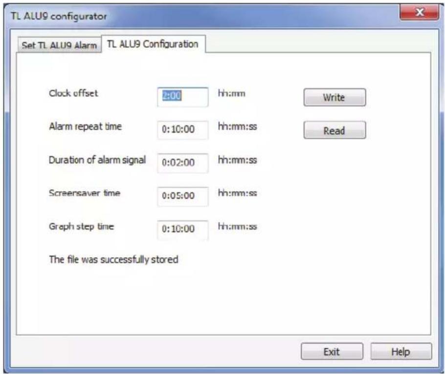 TL ALU9 configurator Set TL ALU9 Alarm TL ALU9 Configuration Clock offset 2:00 hh:mm Write Alarm repeat time 0:10:00 hh:mm:ss Read Duration of alarm signal 0:02:00 hh:mm:ss Screersaver time 0:05:00 hh:mm:ss Graph step time 0:10:00 hh:mm:ss The file was successfully stored Exit Help