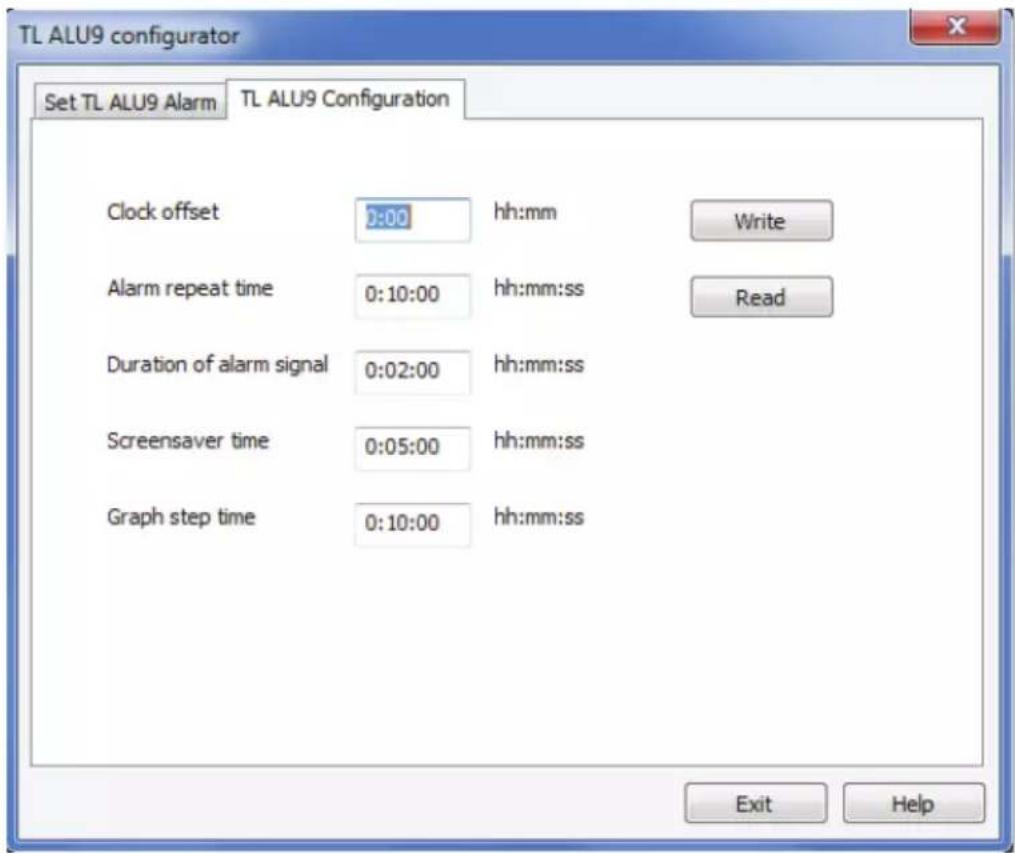 TL ALU9 configurator Set TL ALU9 Alarm TL ALU9 Configuration Clock offset 0:00 hh:mm Write Alarm repeat time 0:10:00 hh:mm:ss Read Duration of alarm signal 0:02:00 hh:mm:ss Screensaver time 0:05:00 hh:mm:ss Graph step time 0:10:00 hh:mm:ss Exit Help
