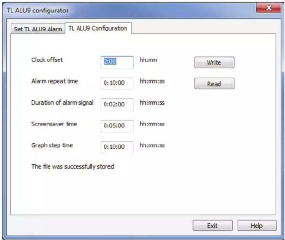 TL ALU9 configurator Set TL ALU9 Alarm TL ALU9 Configuration Clock offset 2:00 hh:mm Write Alarm repeat time 0:10:00 hh:mm:ss Read Duration of alarm signal 0:02:00 hh:mm:ss Screensaver time 0:05:00 hh:mm:ss Graph step time 0:10:00 hh:mm:ss The file was successfully stored Exit Help