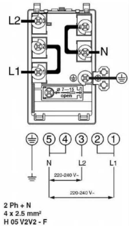 L2 N L1 ø 7—15 open ⑤ ④ ③ ② ① N L2 L1 220-240 V- 220-240 V- 2 Ph + N 4 x 2.5 mm² H 05 V2V2 - F