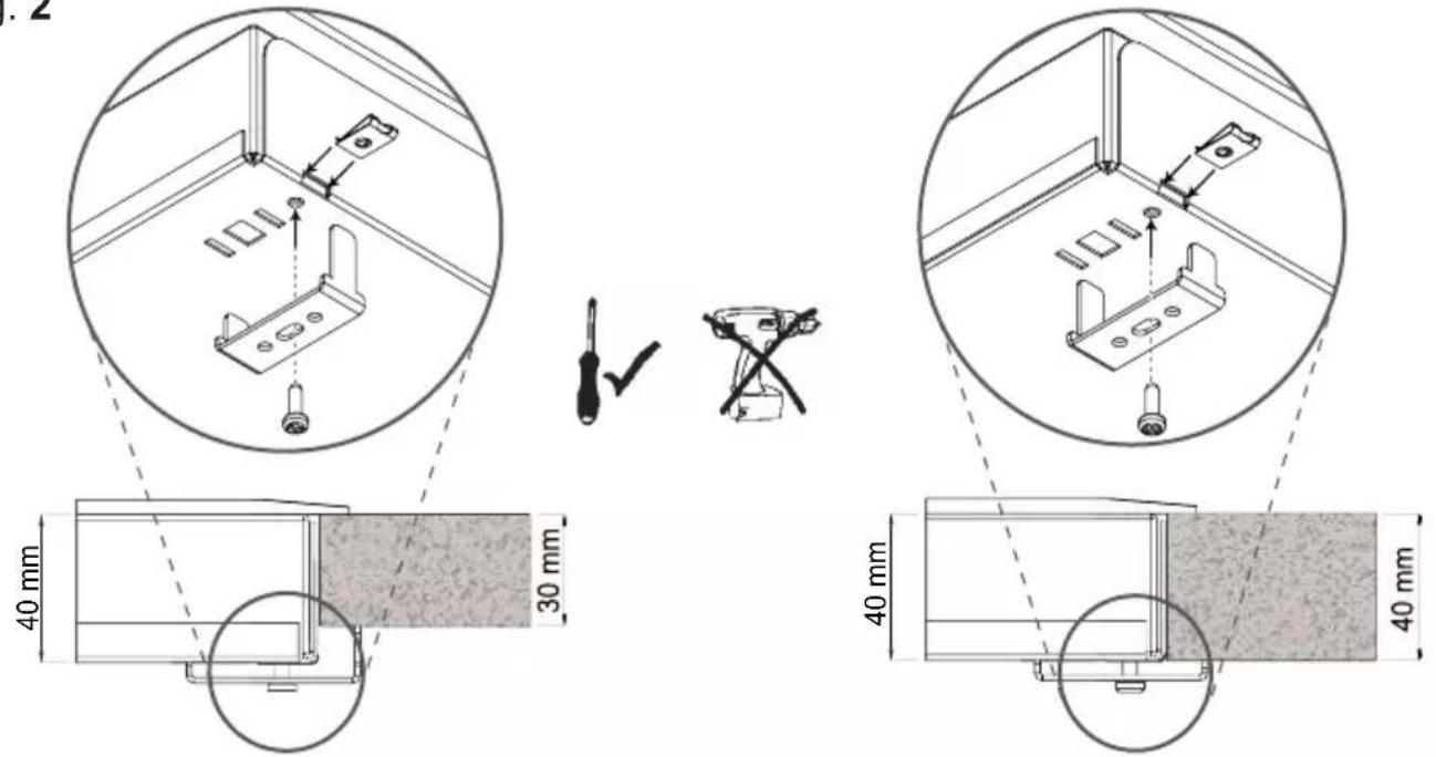 Technical diagram showing mechanical assembly steps with dimension annotations and tool icons