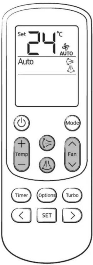 Set 24°C AUTO Auto Mode Temp Fan Timer Options Turbo SET >