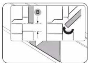 Technical diagram showing a mechanical assembly with labeled component B and directional arrow