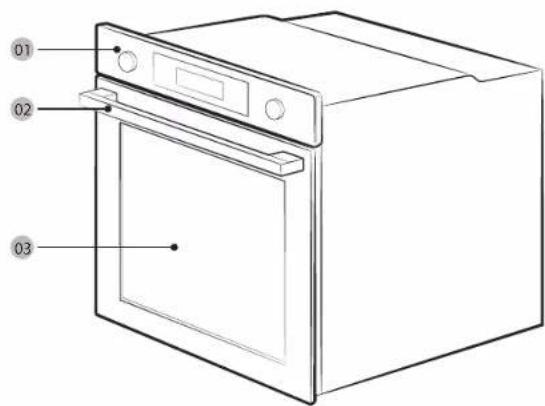 Technical diagram of an oven with labeled parts: front panel, door, and interior opening