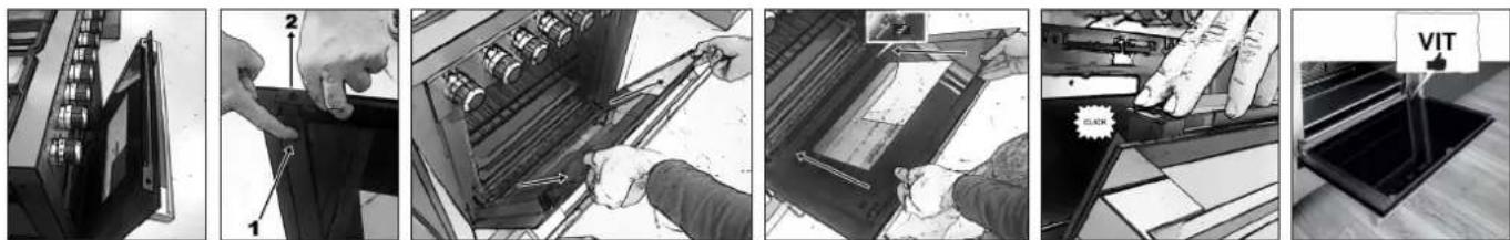 Black-and-white sequence showing a hand operating a battery pack with labeled parts and a VIT tag, illustrating mechanical assembly or inspection steps.