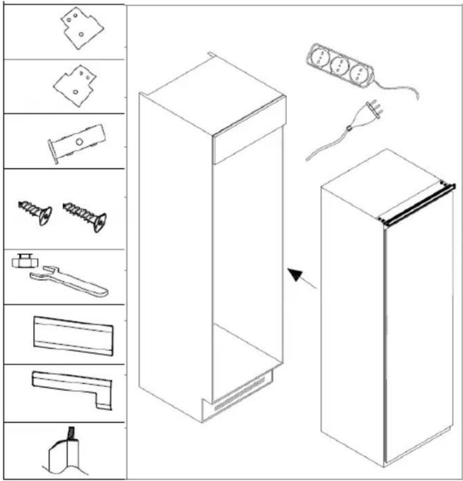 Technical diagram showing exploded view of a refrigerator with component illustrations and assembly steps