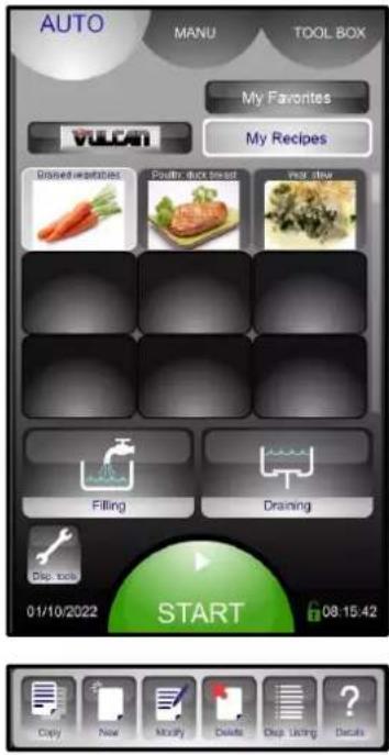AUTO MANU TOOL BOX My Favorites VULCAN My Recipes Grained vegetables. Poultry, duck breast. Fresh stew Filling Draining 01/10/2022 START 08:15:42 Copy New Modify Delete Stop Using ?