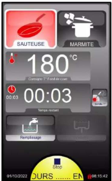 SAUTEUSE MARMITE 180°C Cusigne T° Fand de coue 00:03 00:03 Temps restant Scoda T° Rempissage Stop 01/10/2022 DURS ...... EN 08:15:42