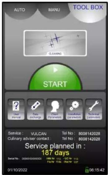 AUTO MANU TOOL BOX CLEANING START User manual Data exchange Other Parameters Insulation parameters Technical parameters Service : VULCAN Tel No : 8008142028 Culinary adviser contact : Tel No : 8008142028 Service planned in : 187 days Serial No : 3000000000000 HR No : 150 GC No : 110 FRI No : 1596 - FRI No : 107 01/10/2022 08:15:42
