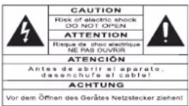 CAUTION Risk of electric shock DO NOT OPEN ATTENTION Risque de choé électrique NE PAS OUVRIR ATENCIÓN Antes de abrir el aparato, desenchute el cable! ACHTUNG Vor dem Öffnen des Gerätes Netzstecker ziehen!