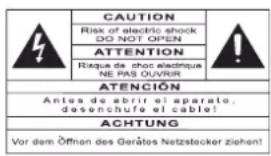 CAUTION Risk of electric shock DO NOT OPEN ATTENTION Risque da choc électrique NE PAS OUVRIR ATENCIÓN Antes de abrir el aparato, desenchufe el cable! ACHTUNG Vor dem Öffnon des Gerátos Netzstecker ziehen!