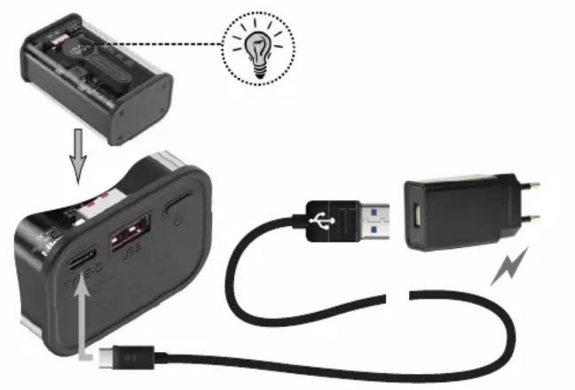 Diagram showing the installation of a USB flash drive into a battery, with a light bulb icon highlighting the component.