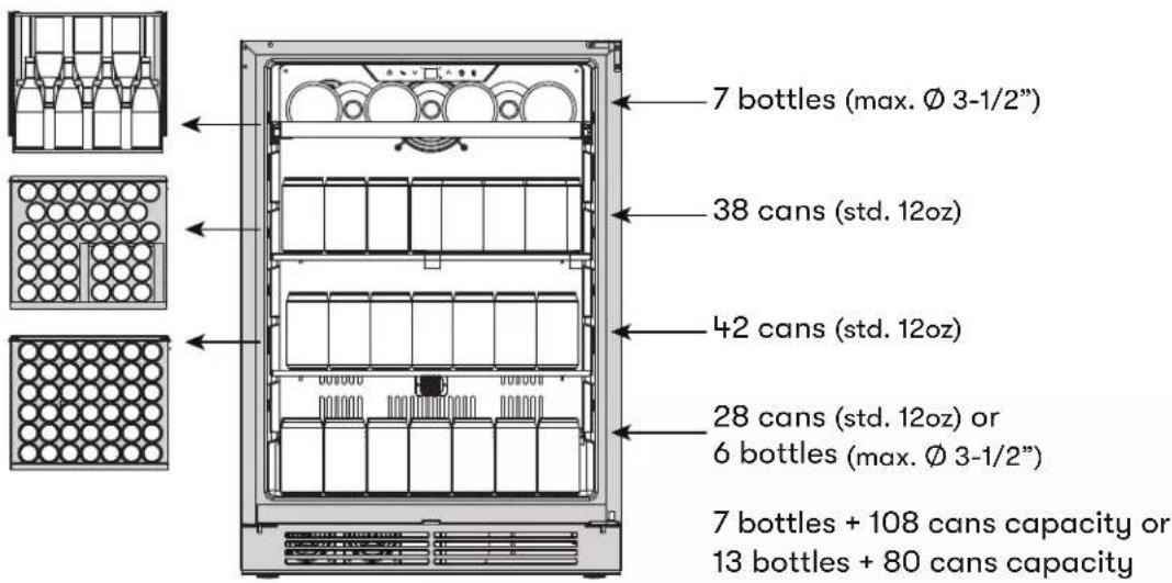 7 bottles (max. Ø 3-1/2") 38 cans (std. 12oz) 42 cans (std. 12oz) 28 cans (std. 12oz) or 6 bottles (max. Ø 3-1/2") 7 bottles + 108 cans capacity or 13 bottles + 80 cans capacity