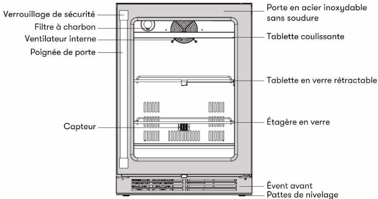 Verrouillage de sécurité Filtre à charbon Ventilateur interne Poignée de porte Capteur Porte en acier inoxydable sans soudure Tablette coulissante Tablette en verre rétractable Étagère en verre Évent avant Pattes de nivelage