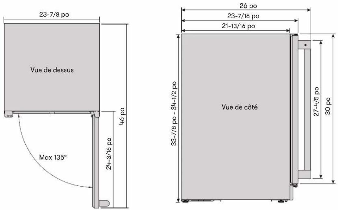 23-7/8 po Vue de dessus Max 135° 24-3/16 po 46 po 26 po 23-7/16 po 21-13/16 po Vue de côté 33-7/8 po - 34-1/2 po 27-4/5 po 30 po